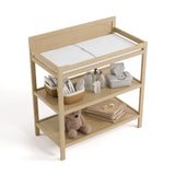 Top view of Alpine changing table in driftwood with changing essentials on both shelves