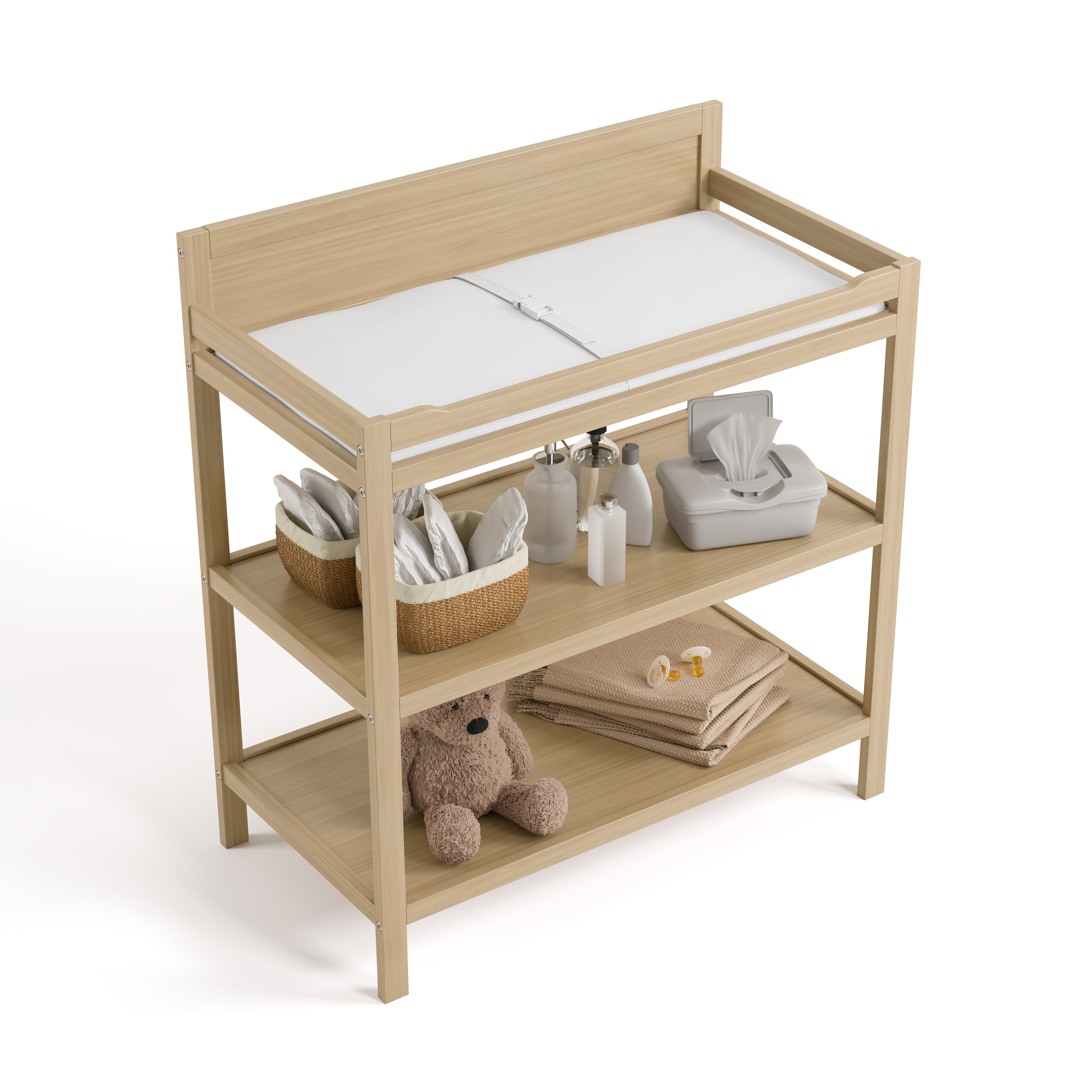 Top view of Alpine changing table in driftwood with changing essentials on both shelves