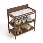 Top view of Alpine changing table in hazelnut with changing essentials on both shelves
