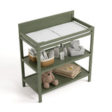 Top view of Alpine changing table in olive with changing essentials on both shelves