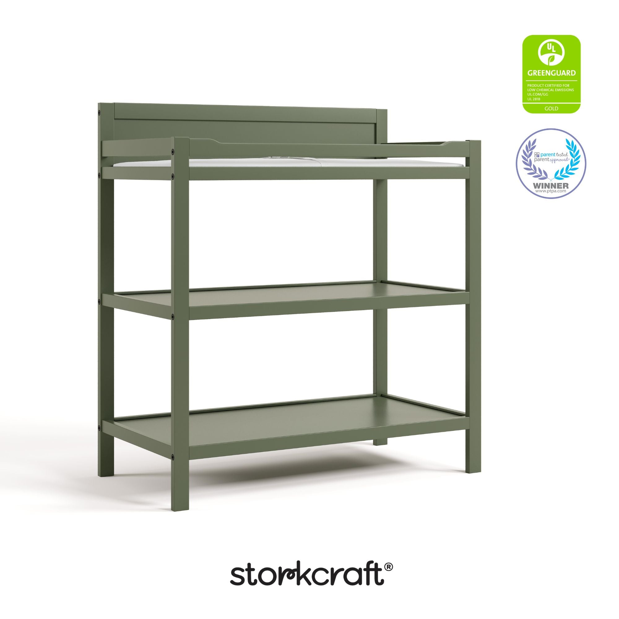 Alpine olive changing table with GGG and PTPA logos on top right