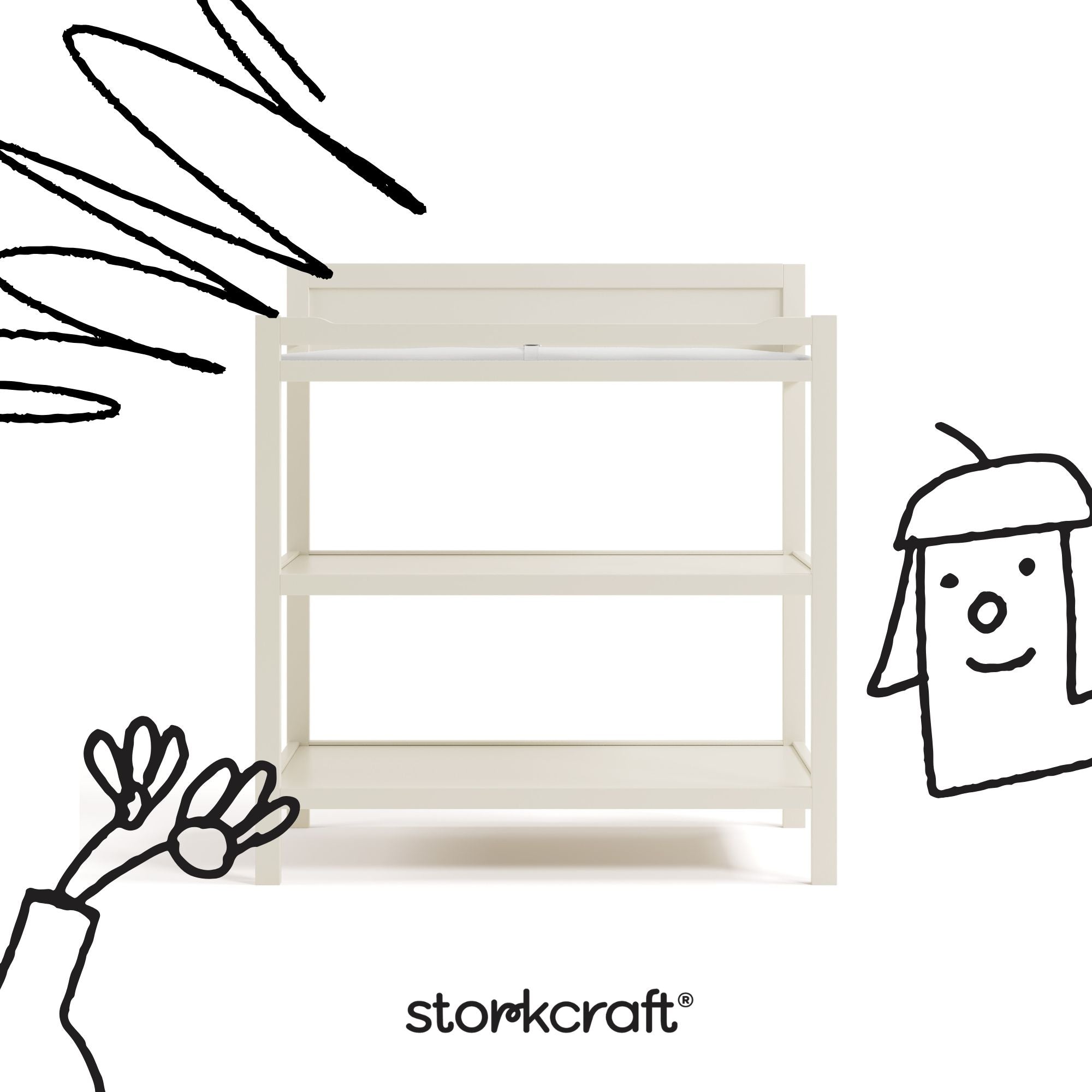 Alpine frosted oat changing table with black doodles overlaid on image