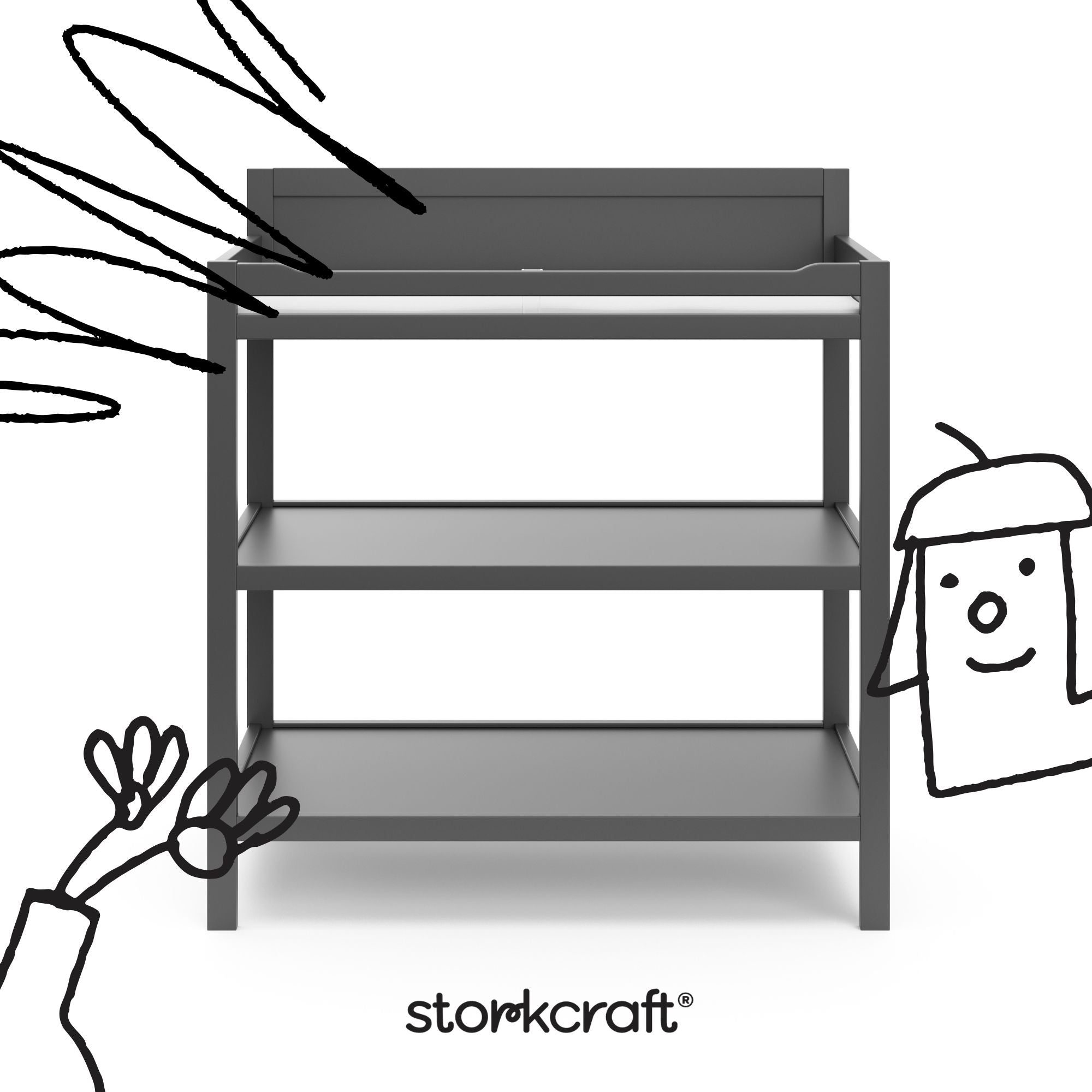 Alpine gray changing table with black doodles overlaid on image