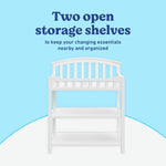 Graco white changing table open shelves callout