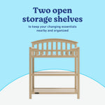 Graco driftwood changing table open shelves callout