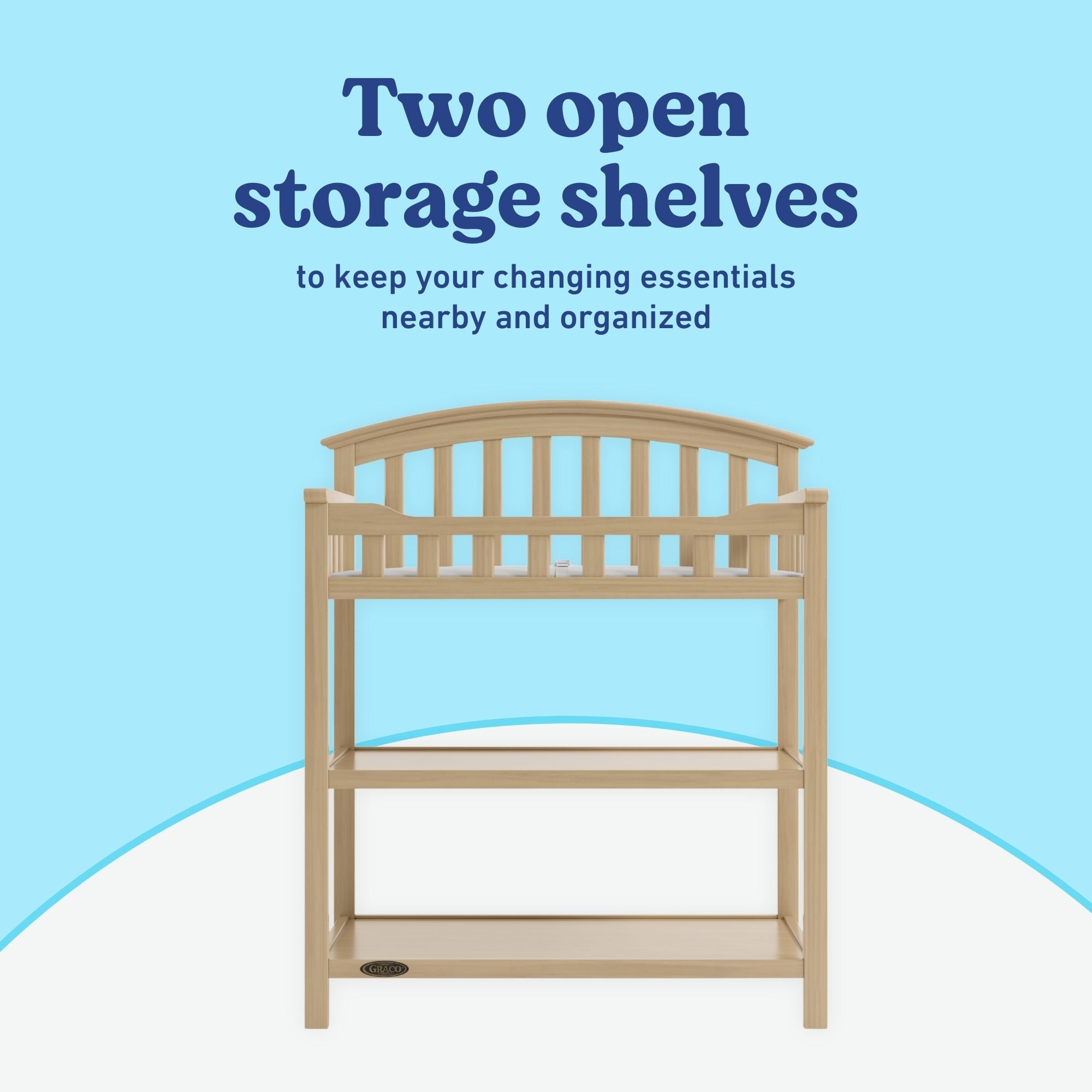 Graco driftwood changing table open shelves callout