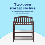 Graco espresso changing table open shelves callout