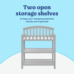 Graco pebble gray changing table open shelves callout