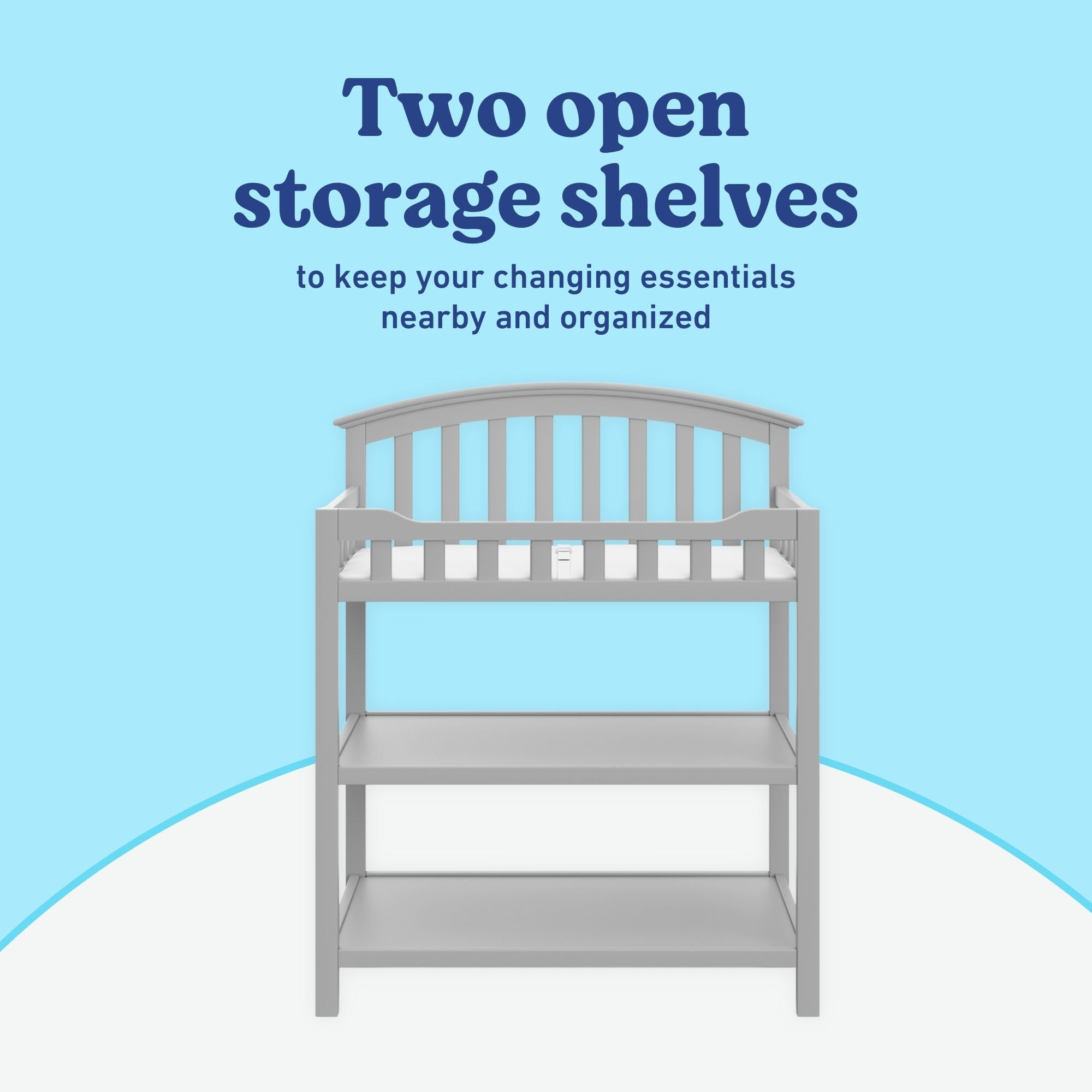 Graco pebble gray changing table open shelves callout