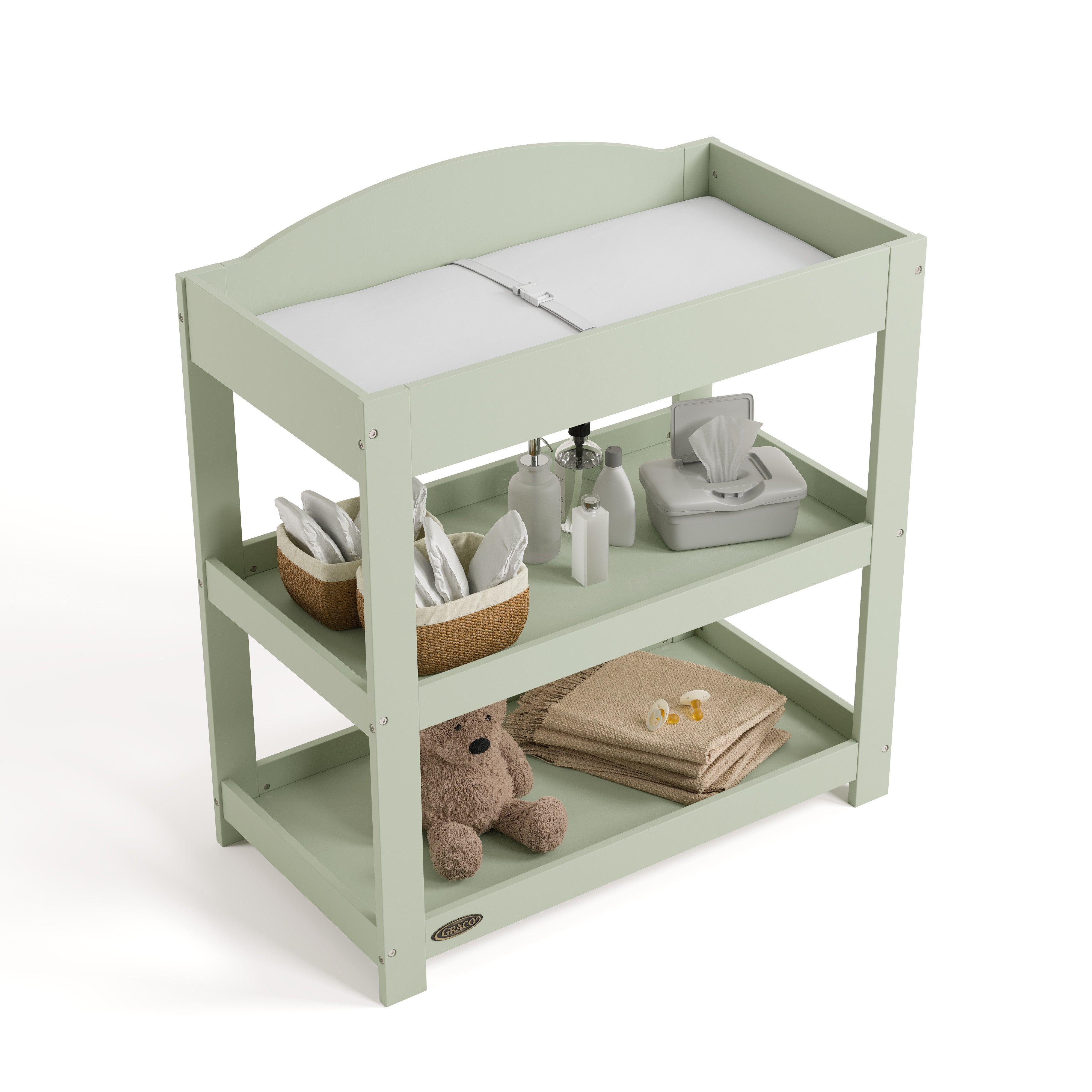 Graco sage customizable changing table top view with baby items on bottom shelves