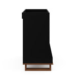 side view of black with vintage driftwood changing table with 3 storage shelves