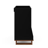 side view of black with vintage driftwood changing table with 3 storage shelves