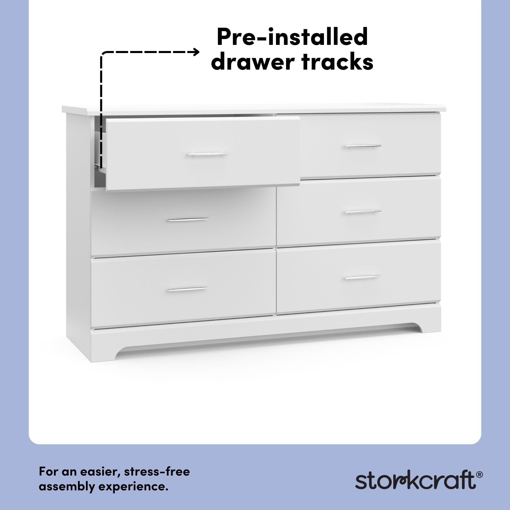 Brookside white 6 drawer dresser pre-installed drawer tracks callout