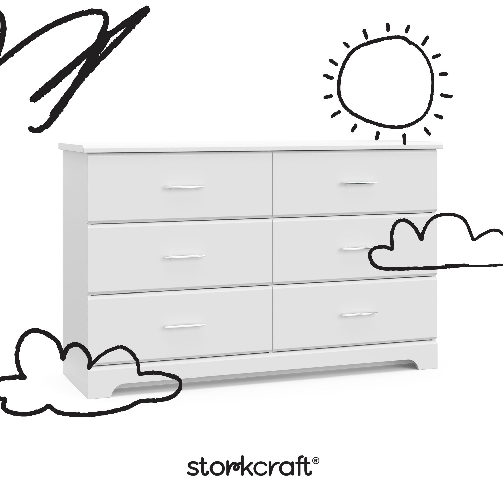 Brookside white 6 drawer dresser with black doodles overlaid on image