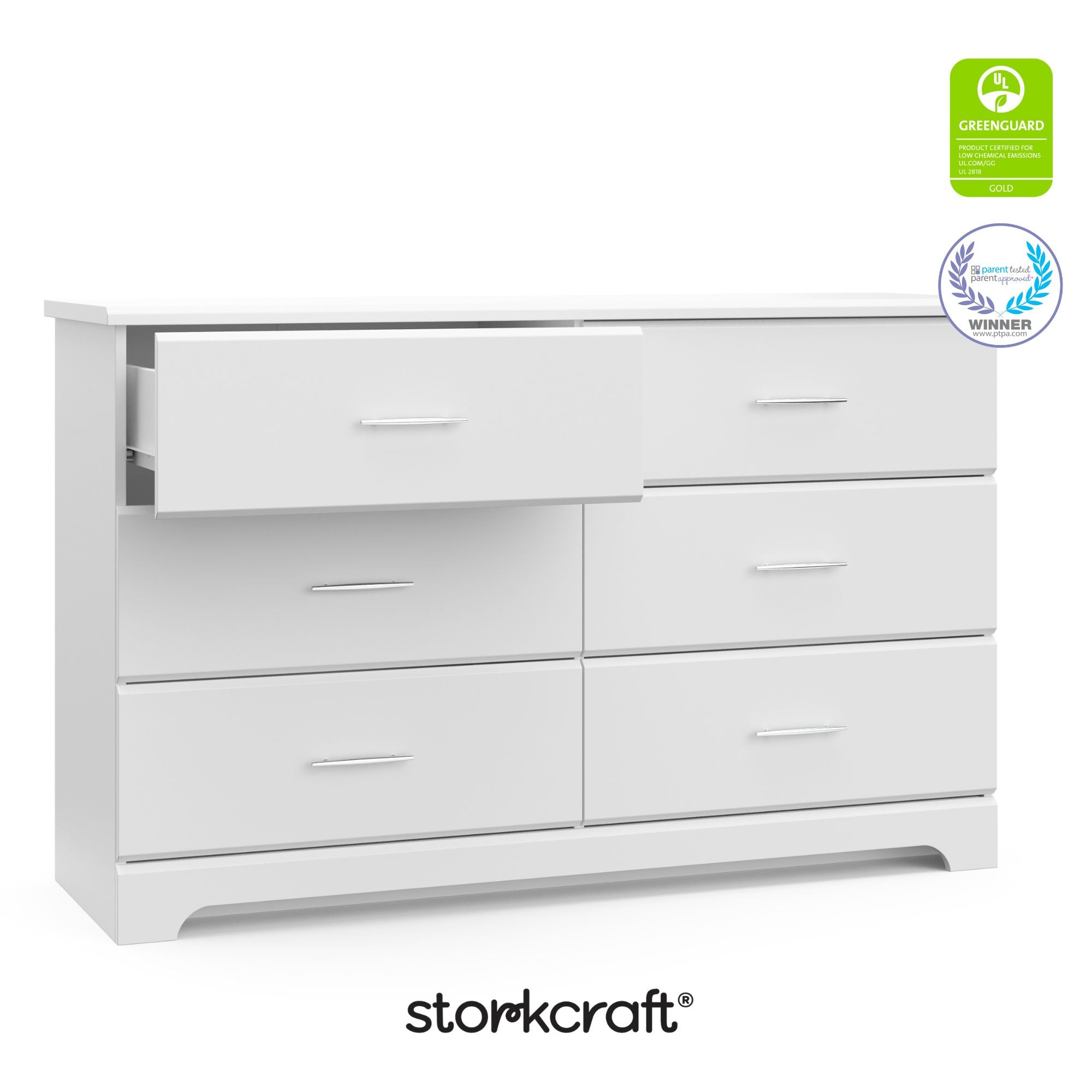 Brookside white 6 drawer dresser with GGG and PTPA logo on top right