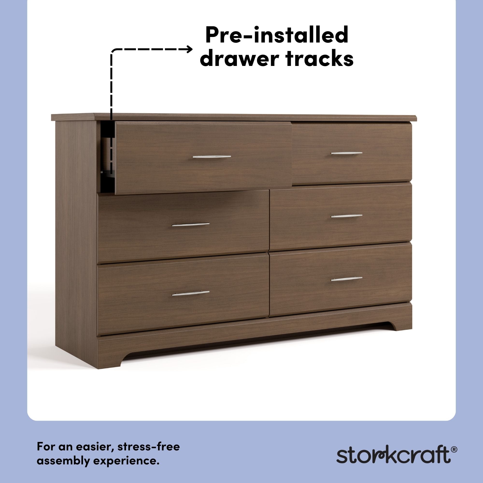 Brookside hazelnut 6 drawer dresser pre-installed drawer tracks callout