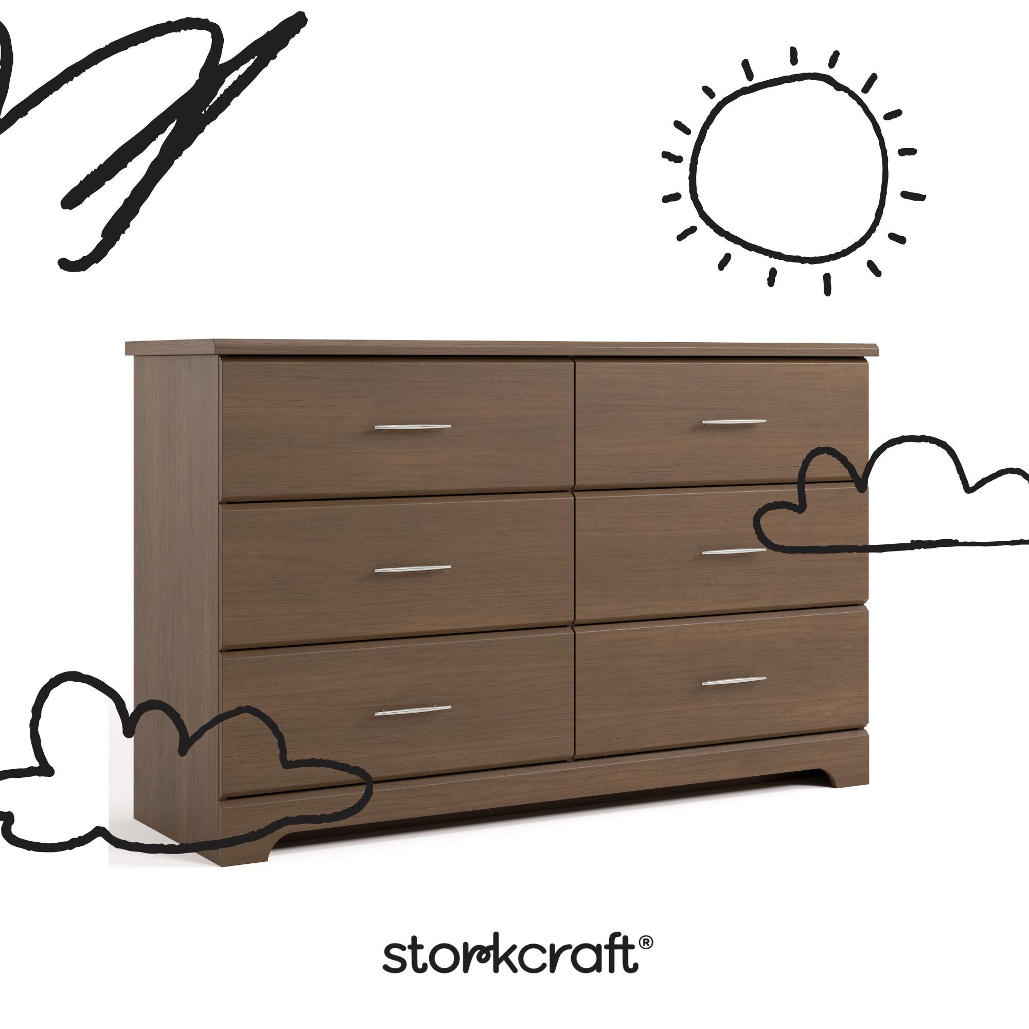 Brookside hazelnut 6 drawer dresser with black doodles overlaid on image