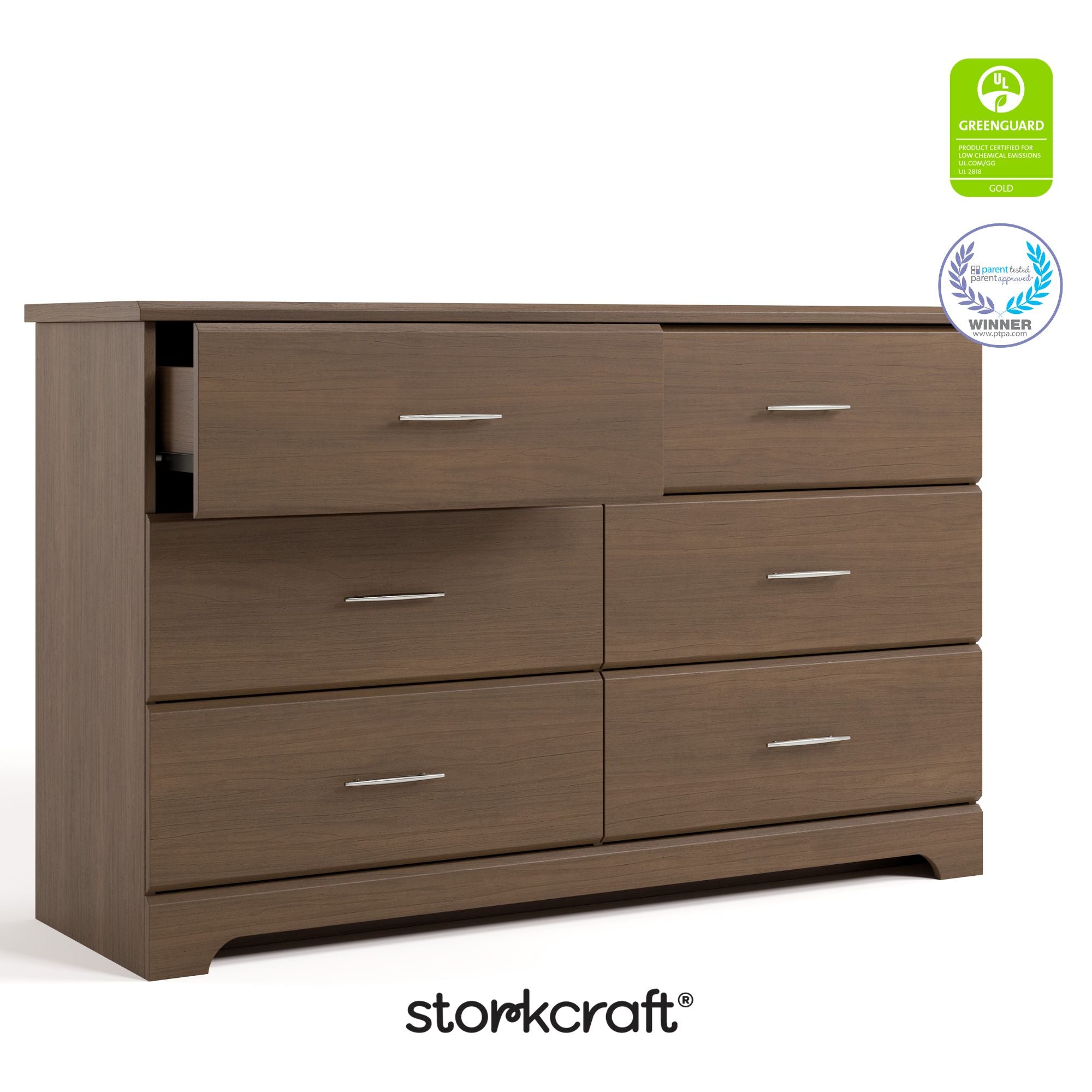 Brookside hazelnut 6 drawer dresser with GGG and PTPA logo on top right