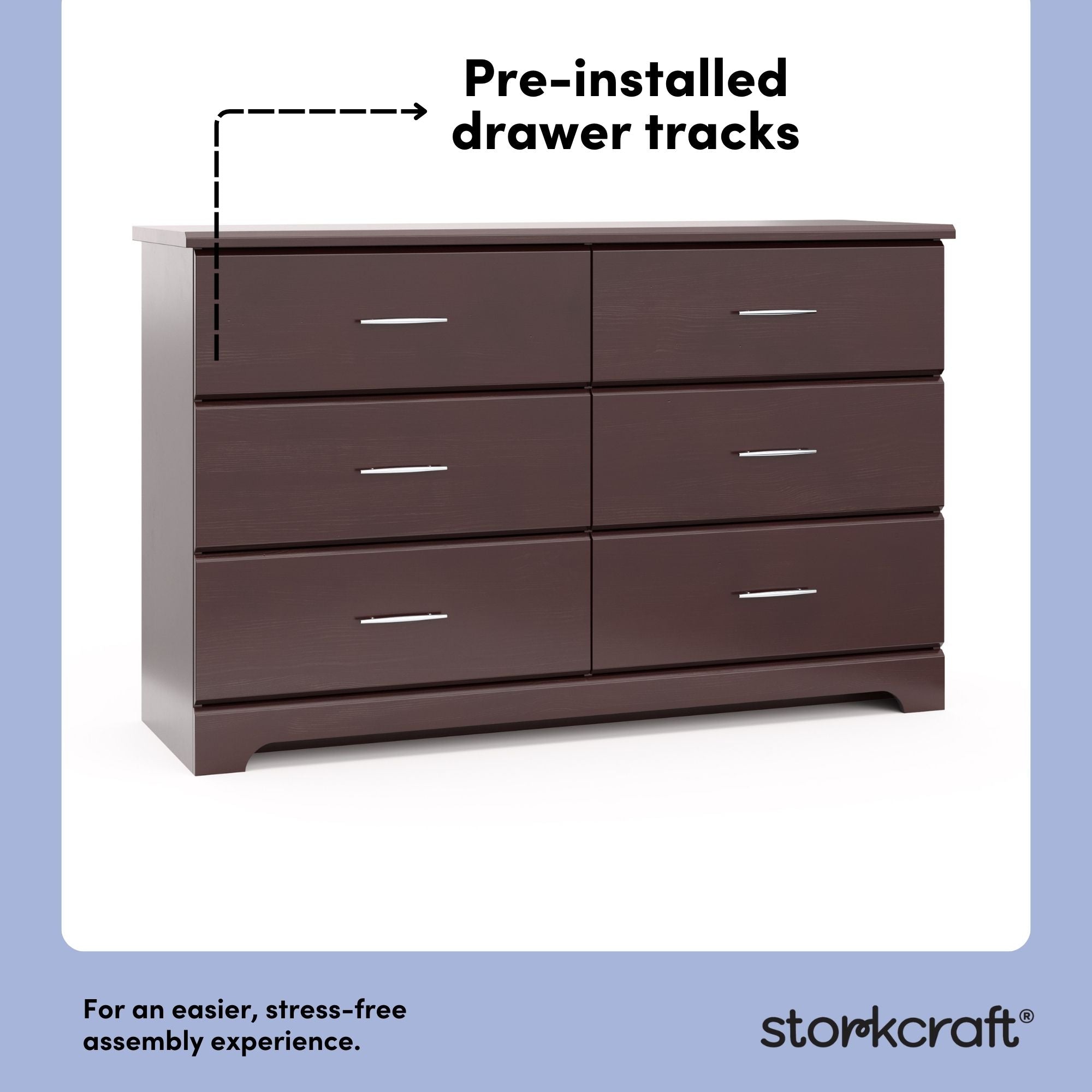 Brookside espresso 6 drawer dresser pre-installed drawer tracks callout
