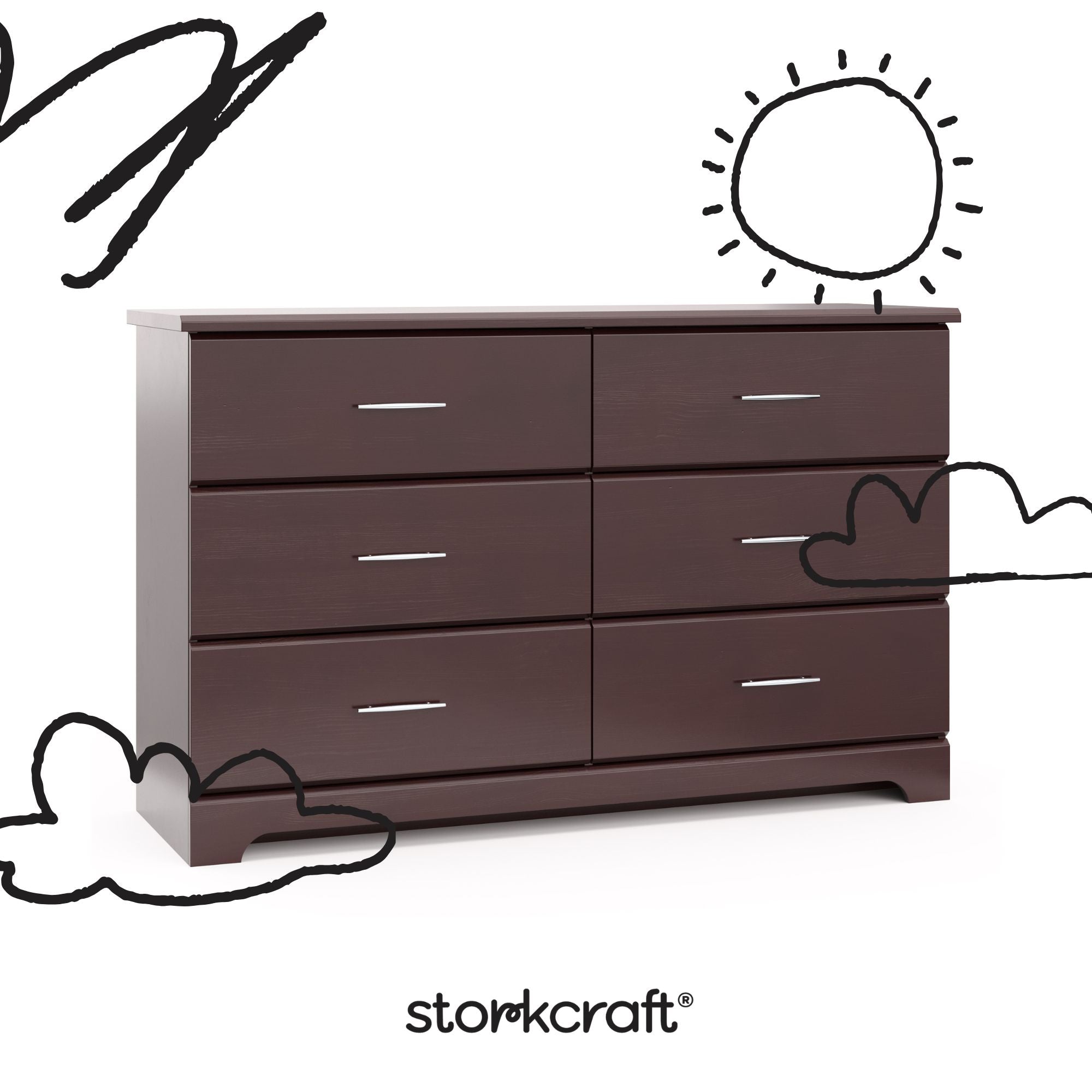 Brookside espresso 6 drawer dresser with black doodles overlaid on image