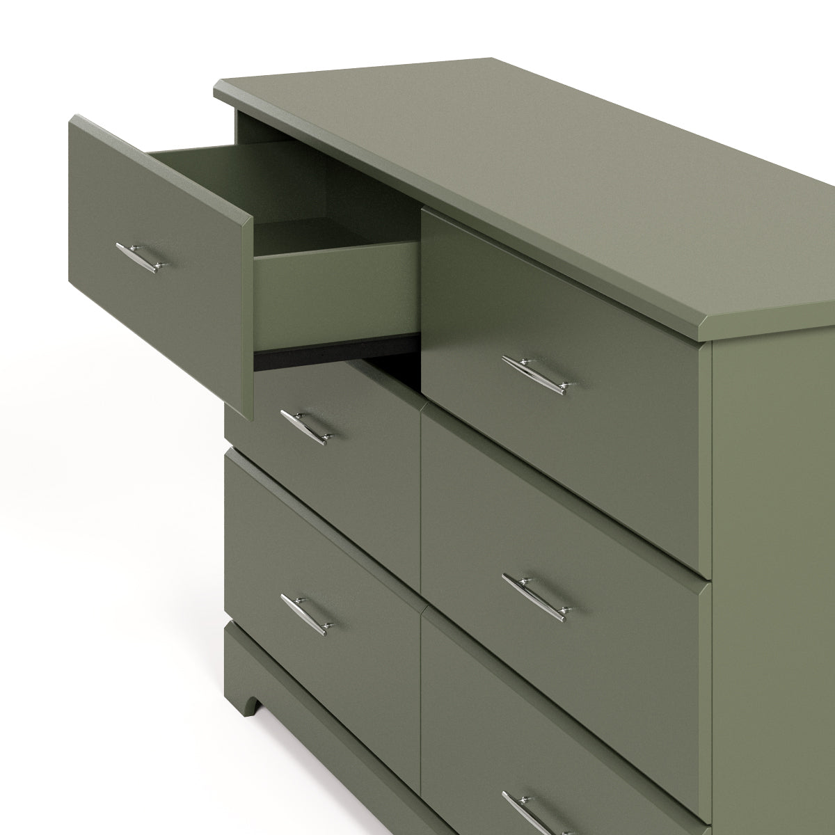 Brookside olive 6 drawer dresser angle view with top left drawer open