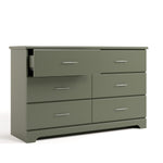 Brookside olive 6 drawer dresser angle view with top left drawer open