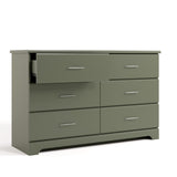 Brookside olive 6 drawer dresser angle view with top left drawer open