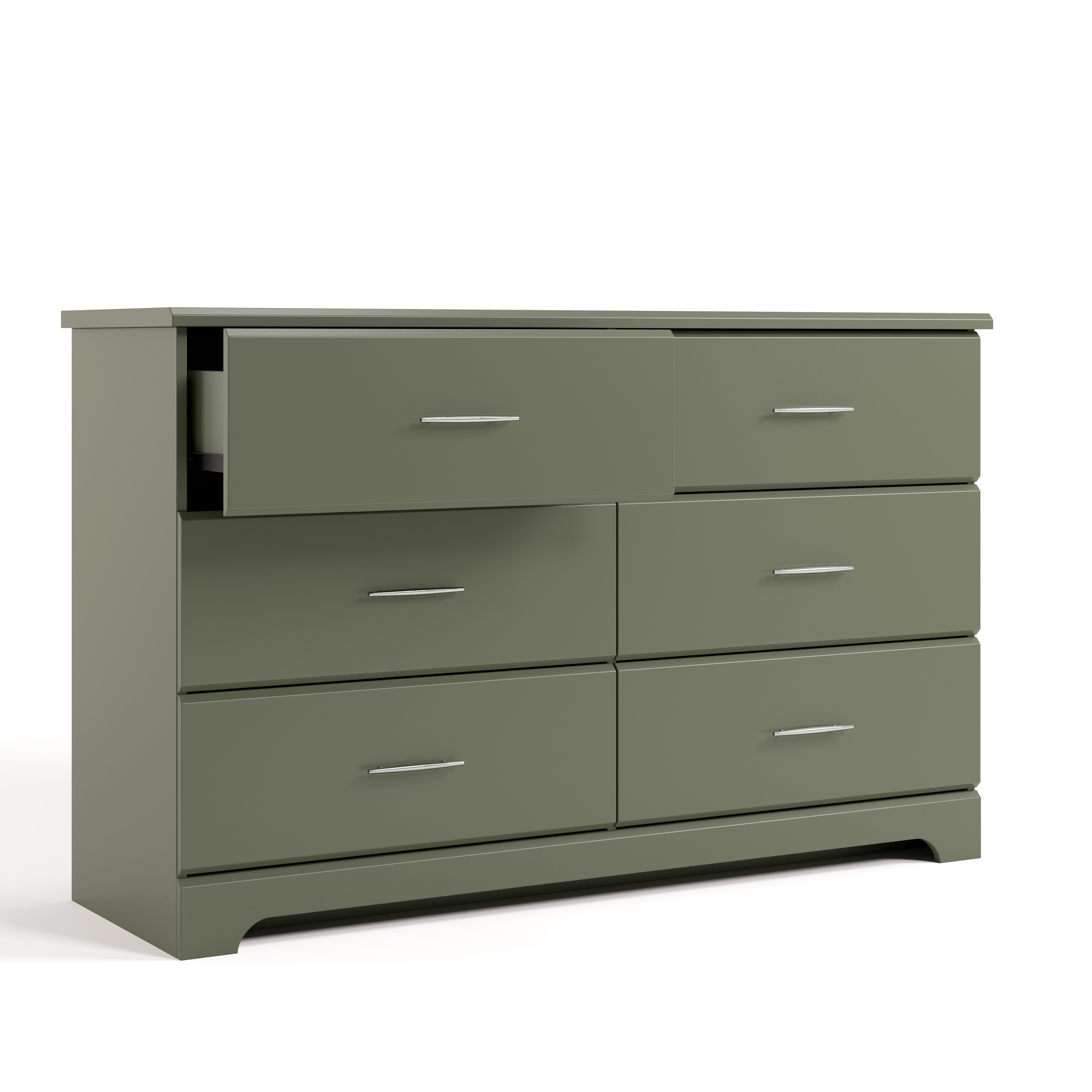 Brookside olive 6 drawer dresser angle view with top left drawer open