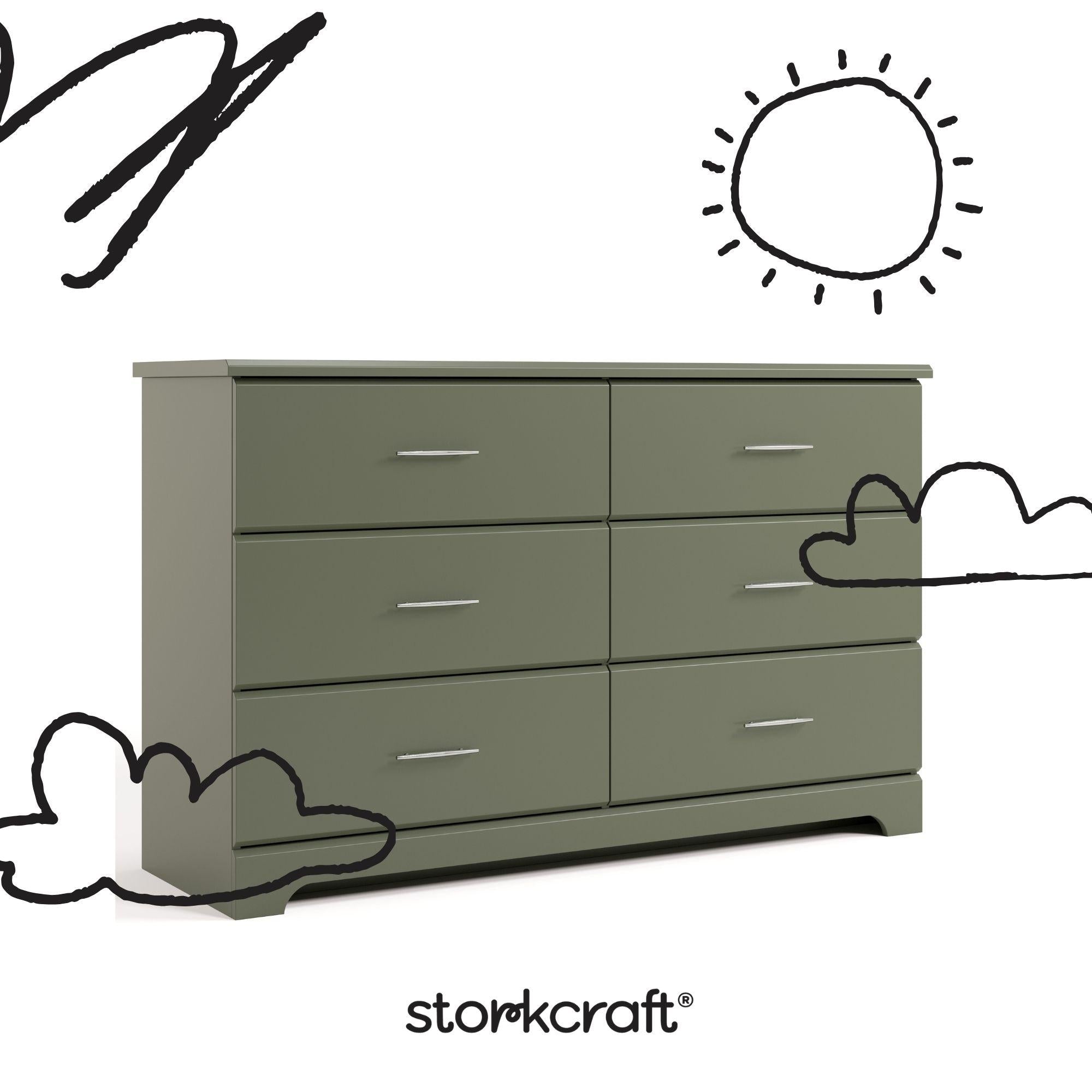 Brookside olive 6 drawer dresser with black doodles overlaid on image