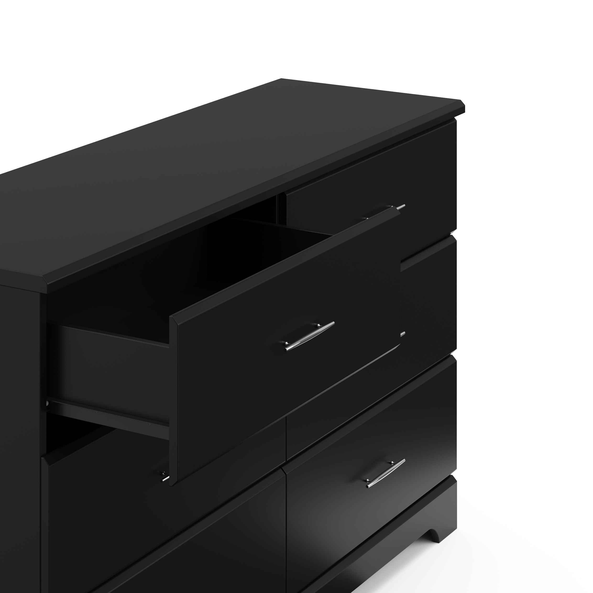 Black 6 drawer dresser with open drawer