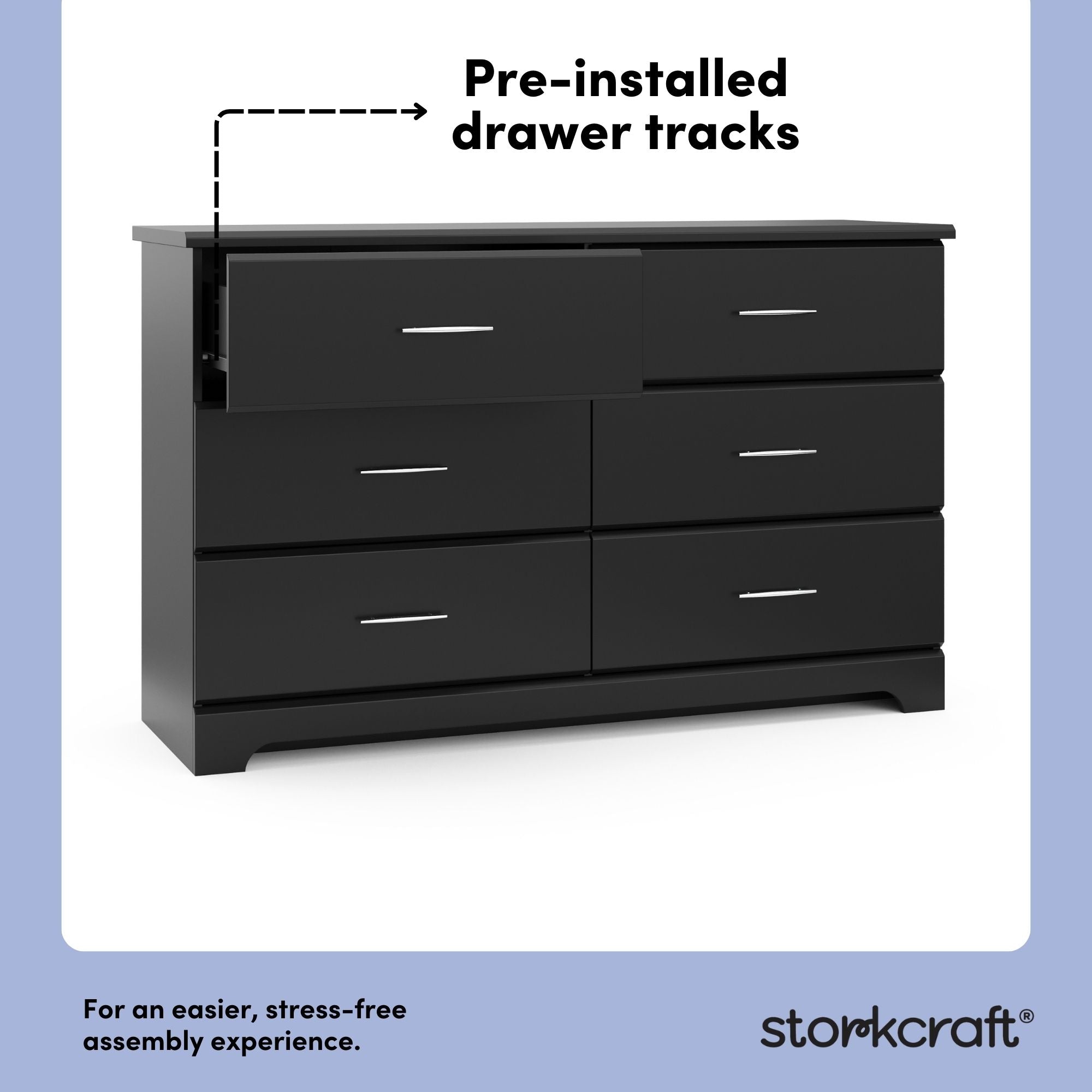 Brookside black 6 drawer dresser pre-installed drawer tracks callout