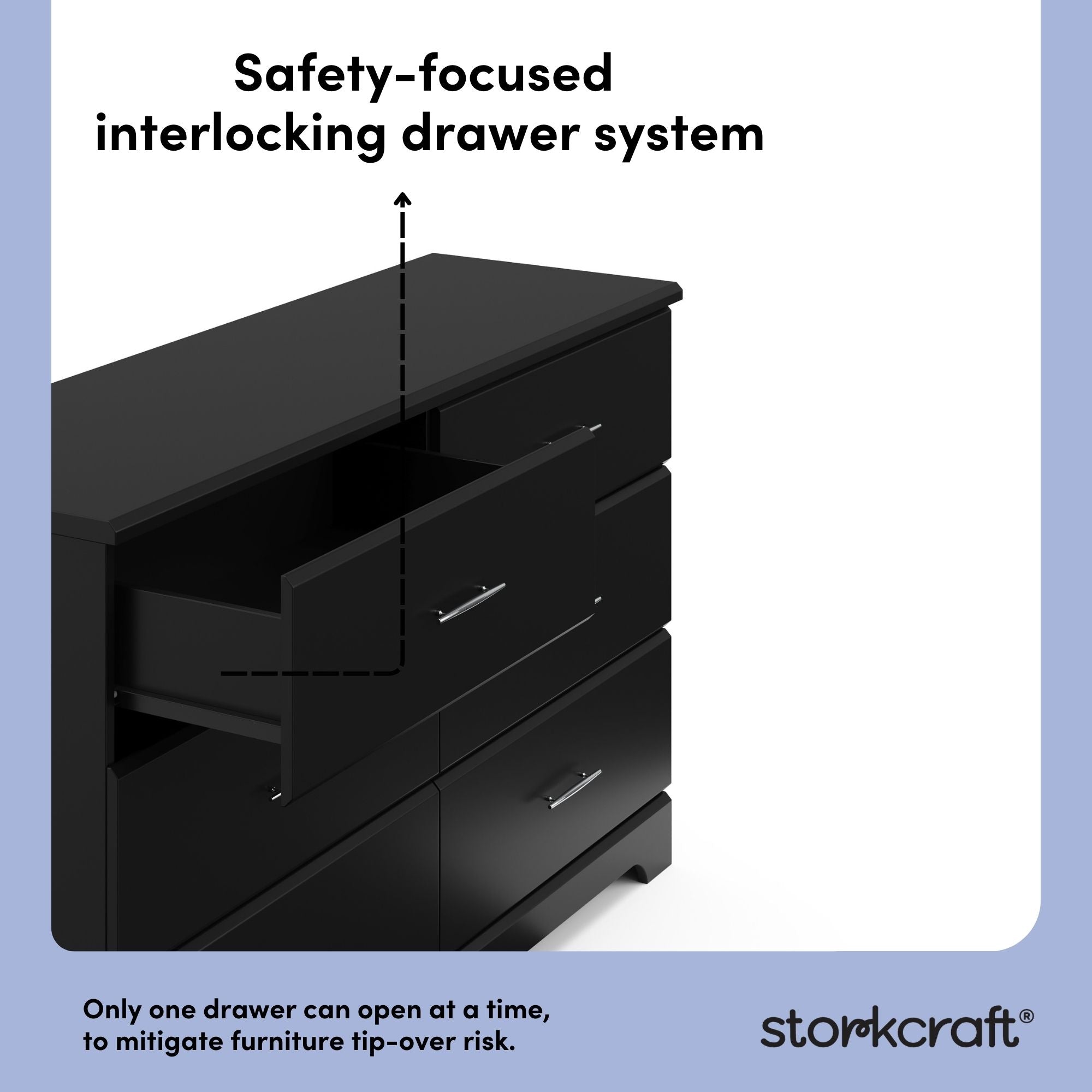 Brookside black 6 drawer dresser interlocking drawer callout