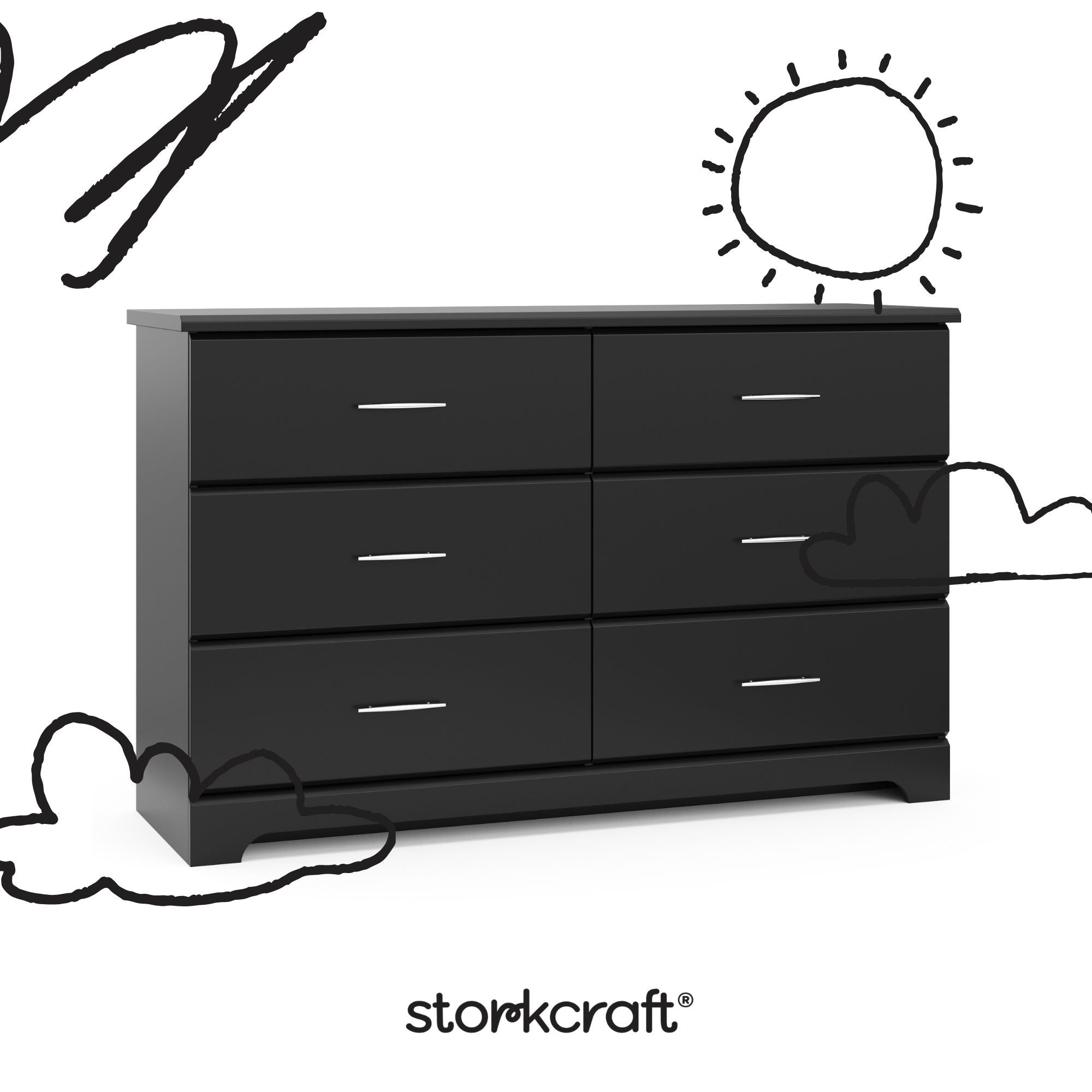 Brookside black 6 drawer dresser with black doodles overlaid on image