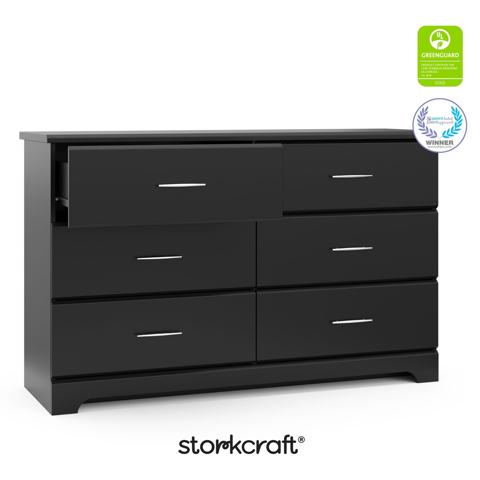 Brookside black 6 drawer dresser with GGG and PTPA logo on top right