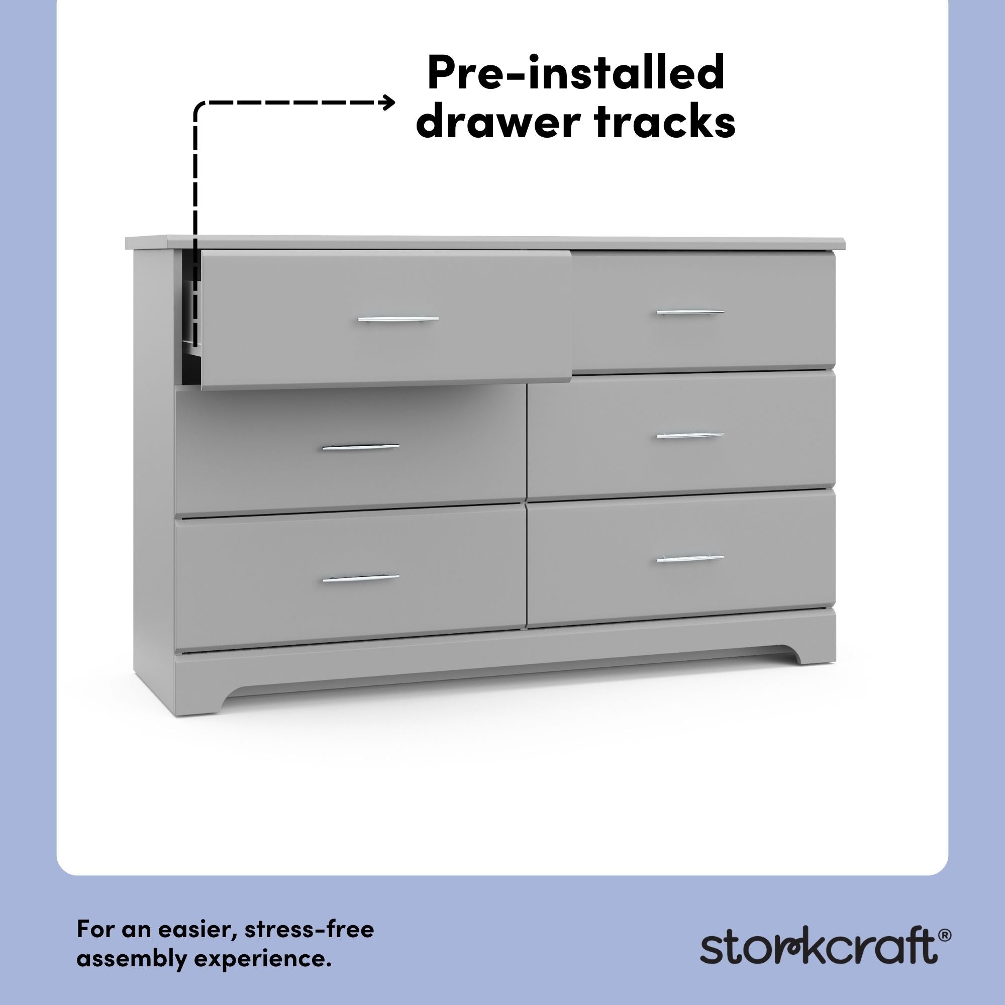 Brookside pebble gray 6 drawer dresser pre-installed drawer tracks callout