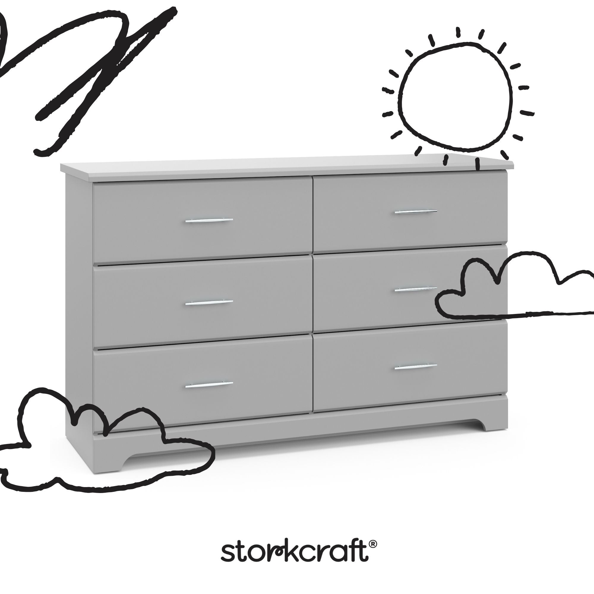 Brookside pebble gray 6 drawer dresser with black doodles overlaid on image