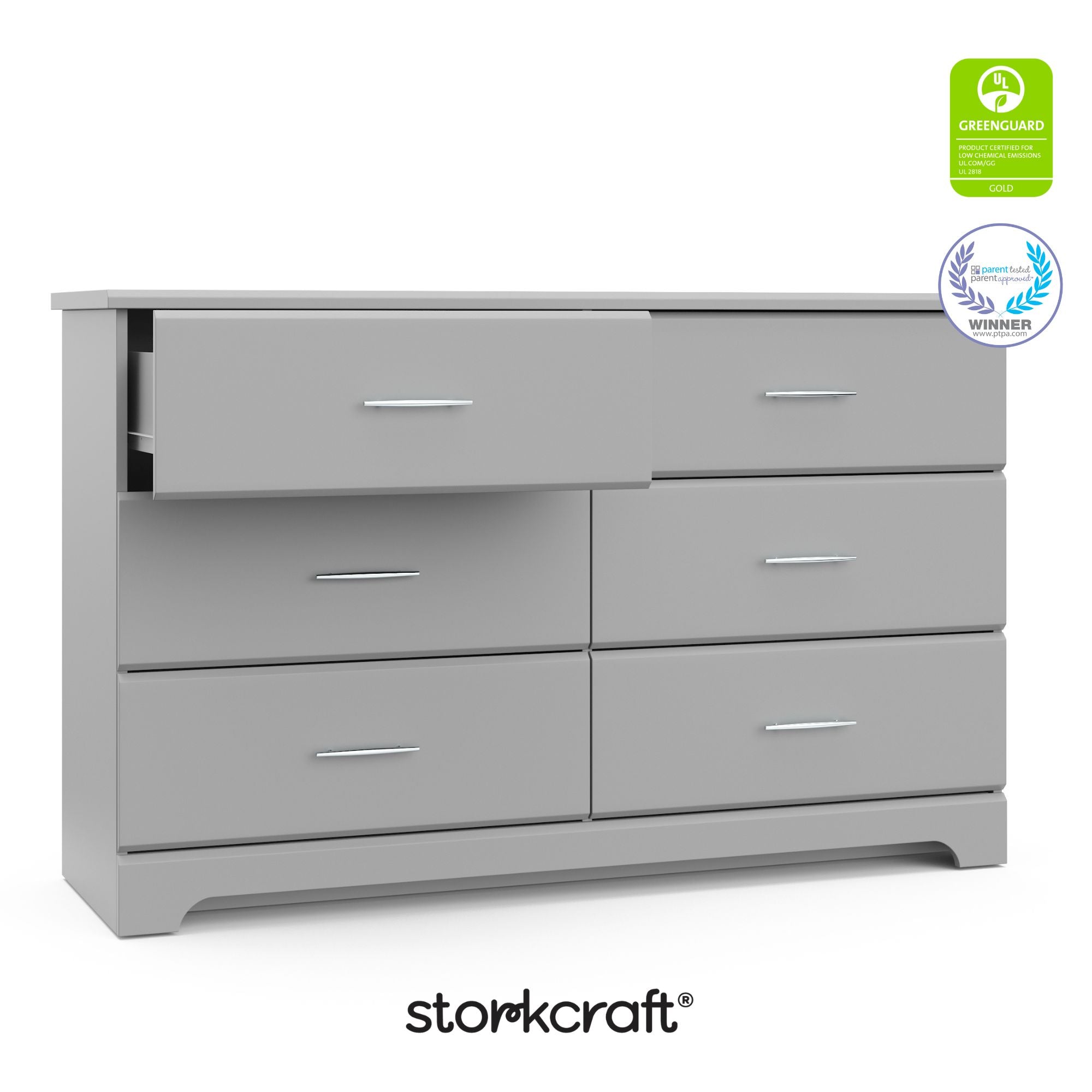 Brookside pebble gray 6 drawer dresser with GGG and PTPA logo on top right
