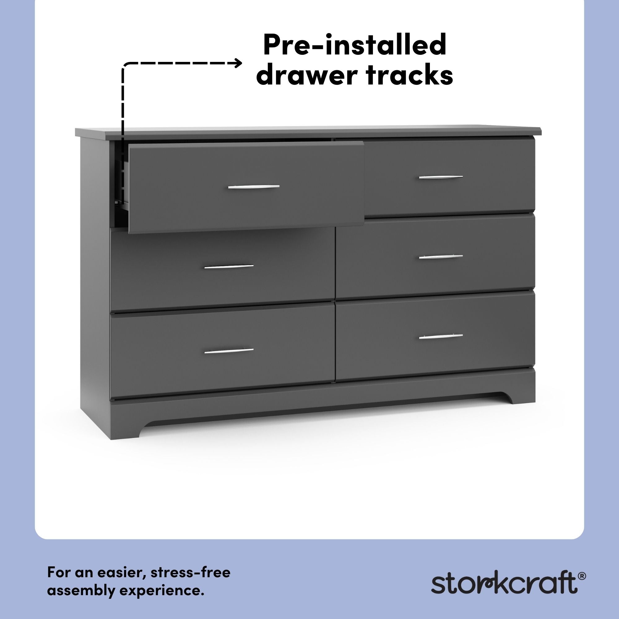Brookside gray 6 drawer dresser pre-installed drawer tracks callout