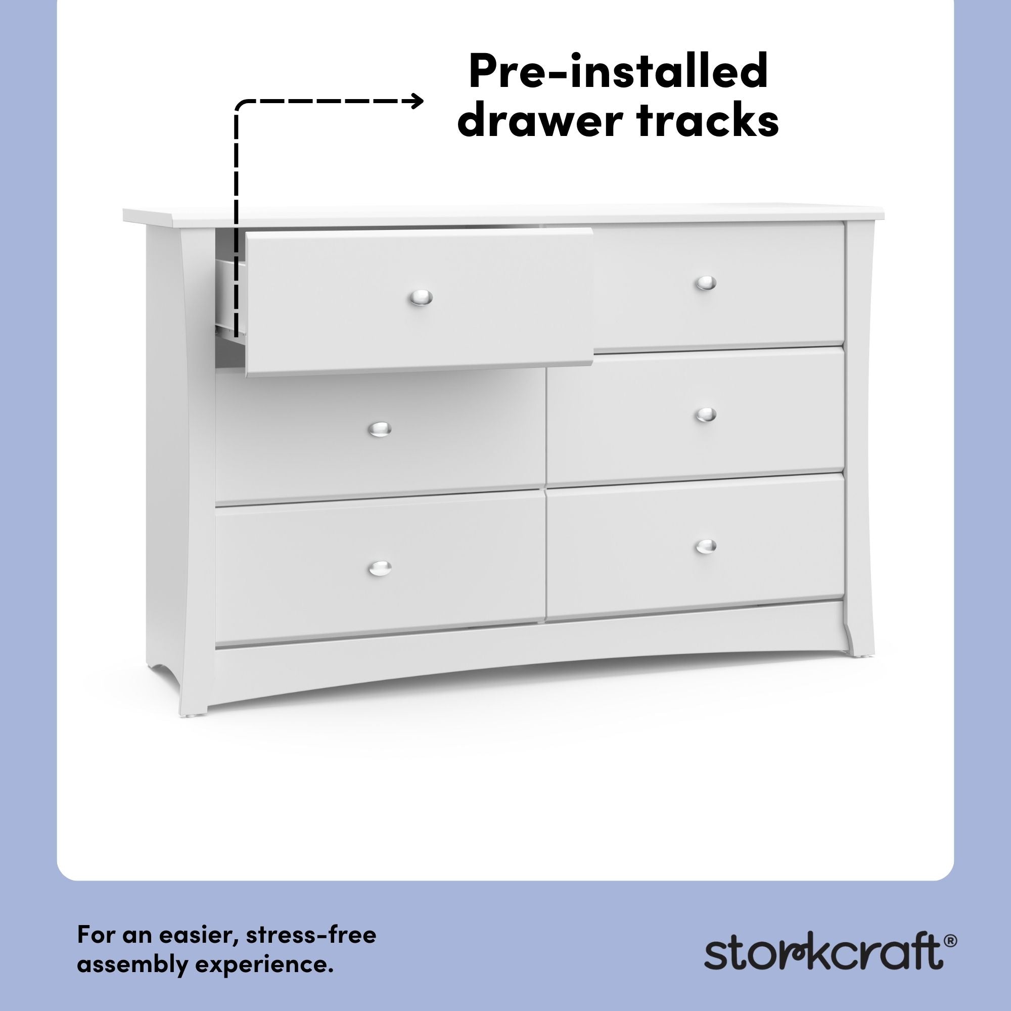 crescent white 6 drawer dresser pre-installed drawer tracks callout