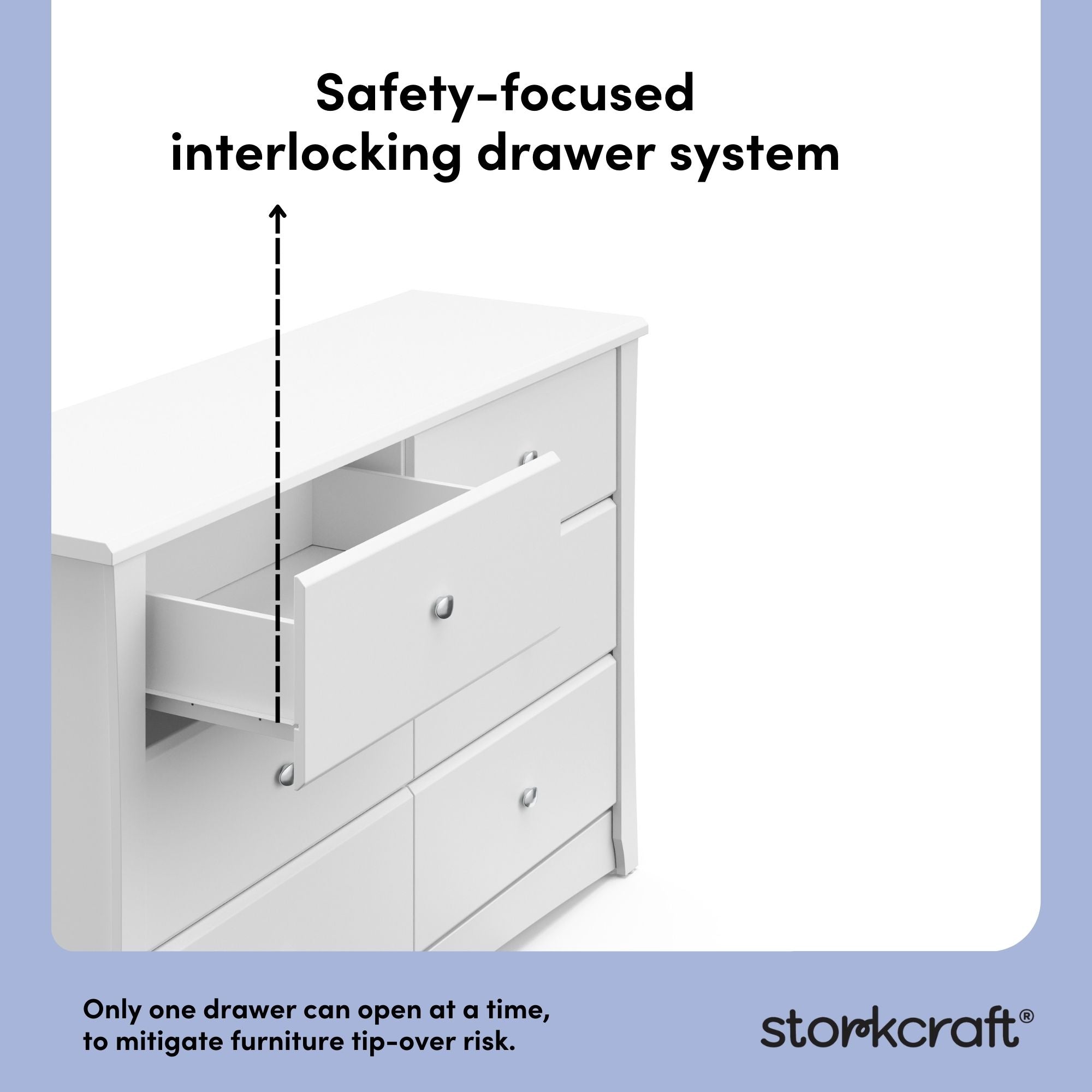 crescent white 6 drawer dresser interlocking drawer callout