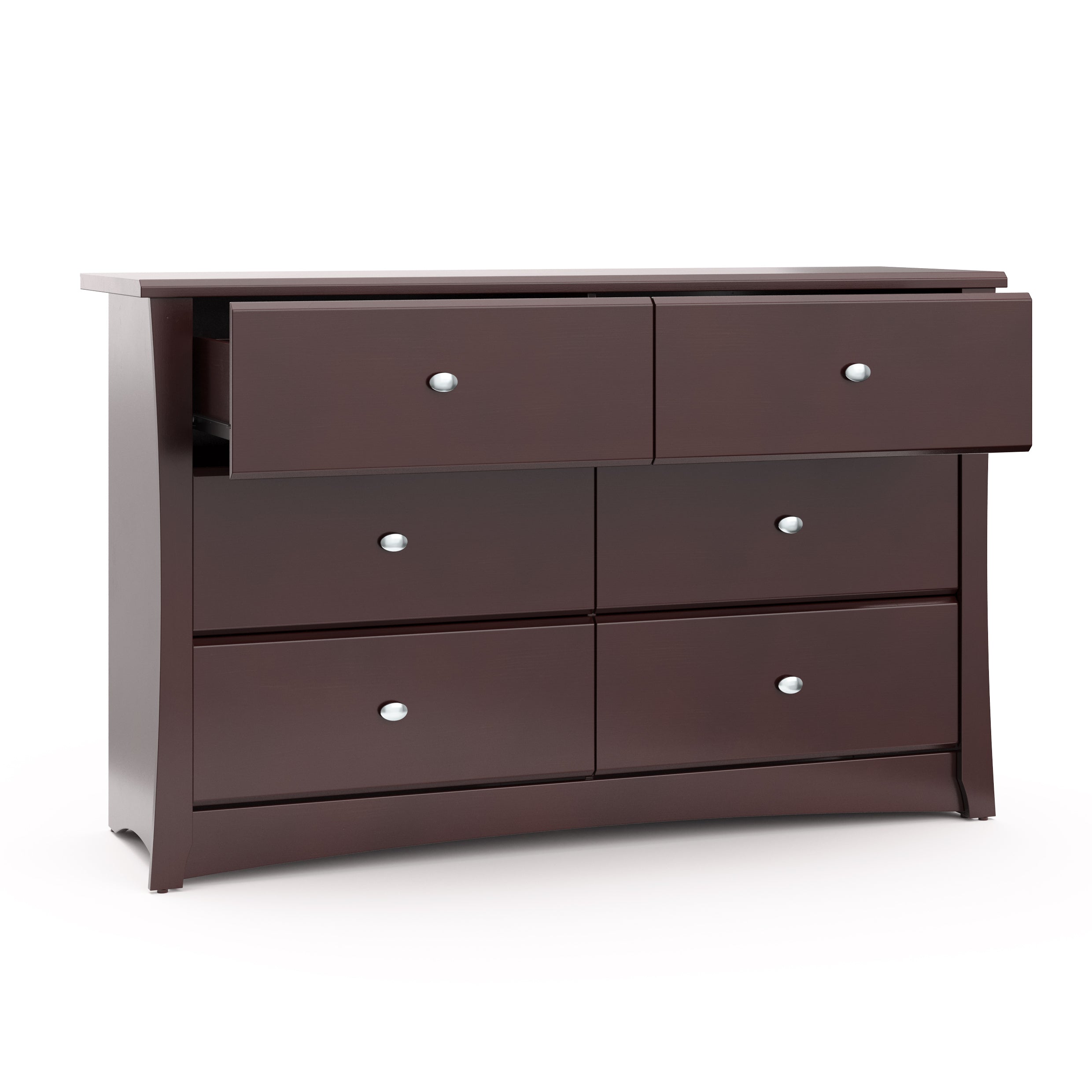 espresso 6 drawer dresser with 2 open drawers
