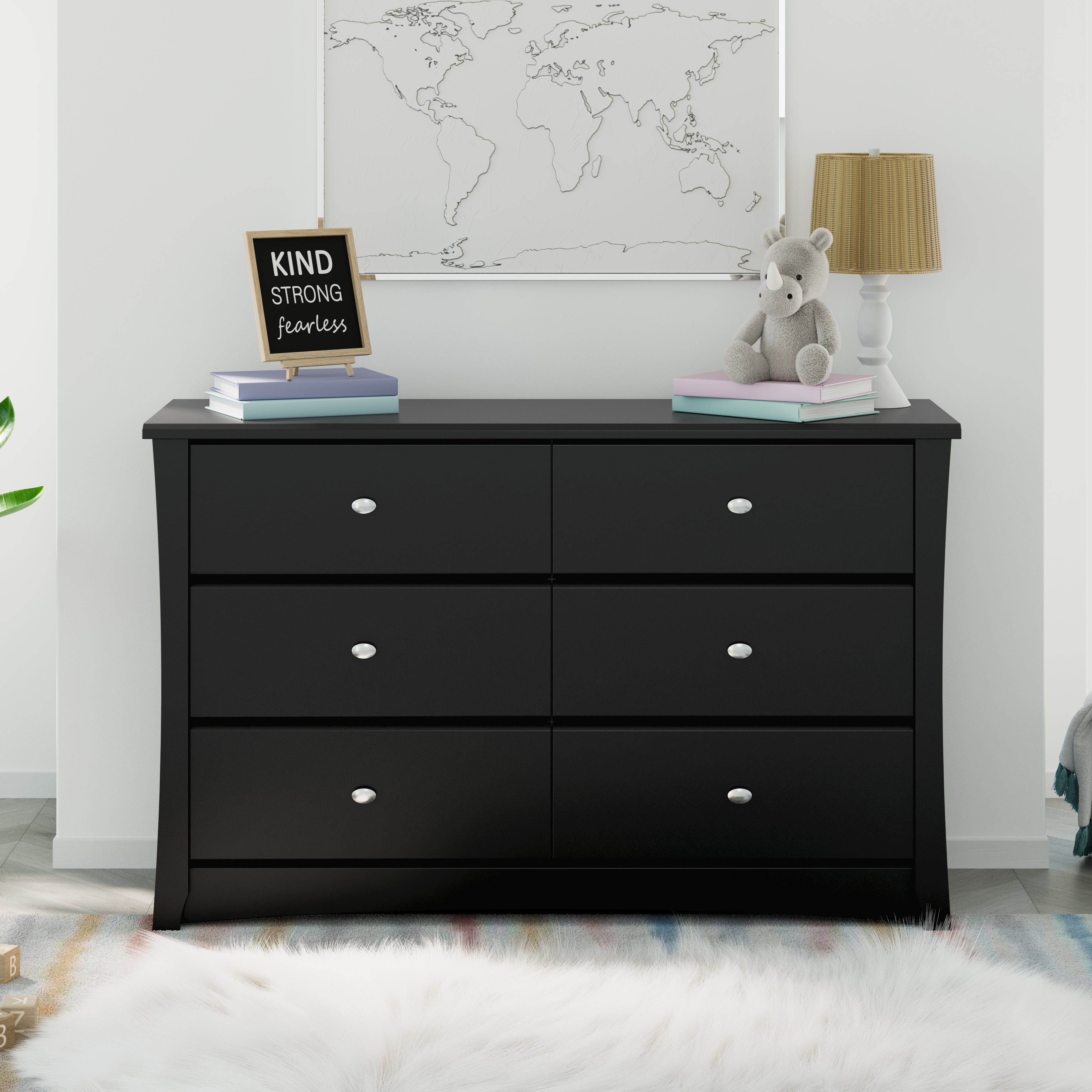 Black 6 drawer dresser in nursery