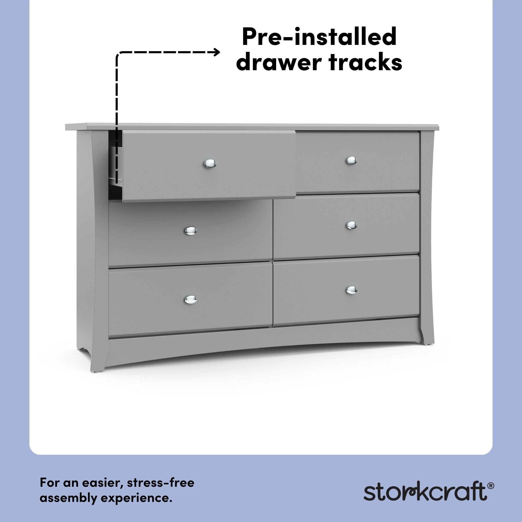 crescent pebble gray 6 drawer dresser pre-installed drawer tracks callout