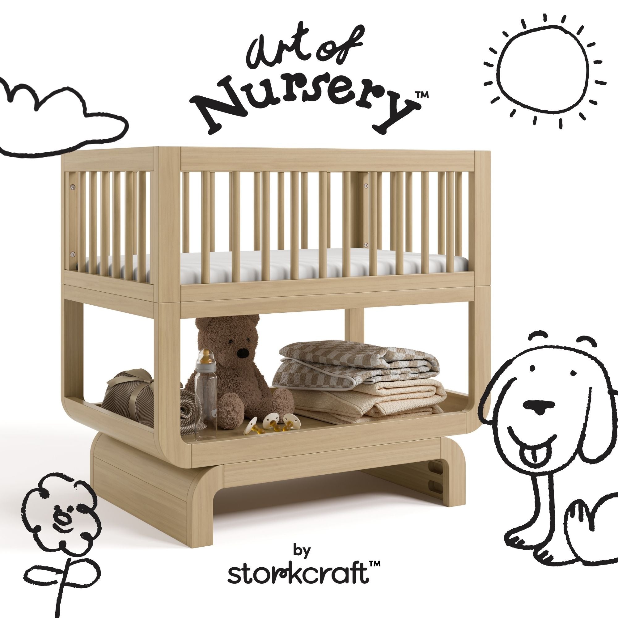 Santorini driftwood bassinet with black doodles overlaid on image