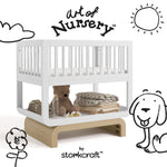 Santorini white with driftwood bassinet with black doodles overlaid on image