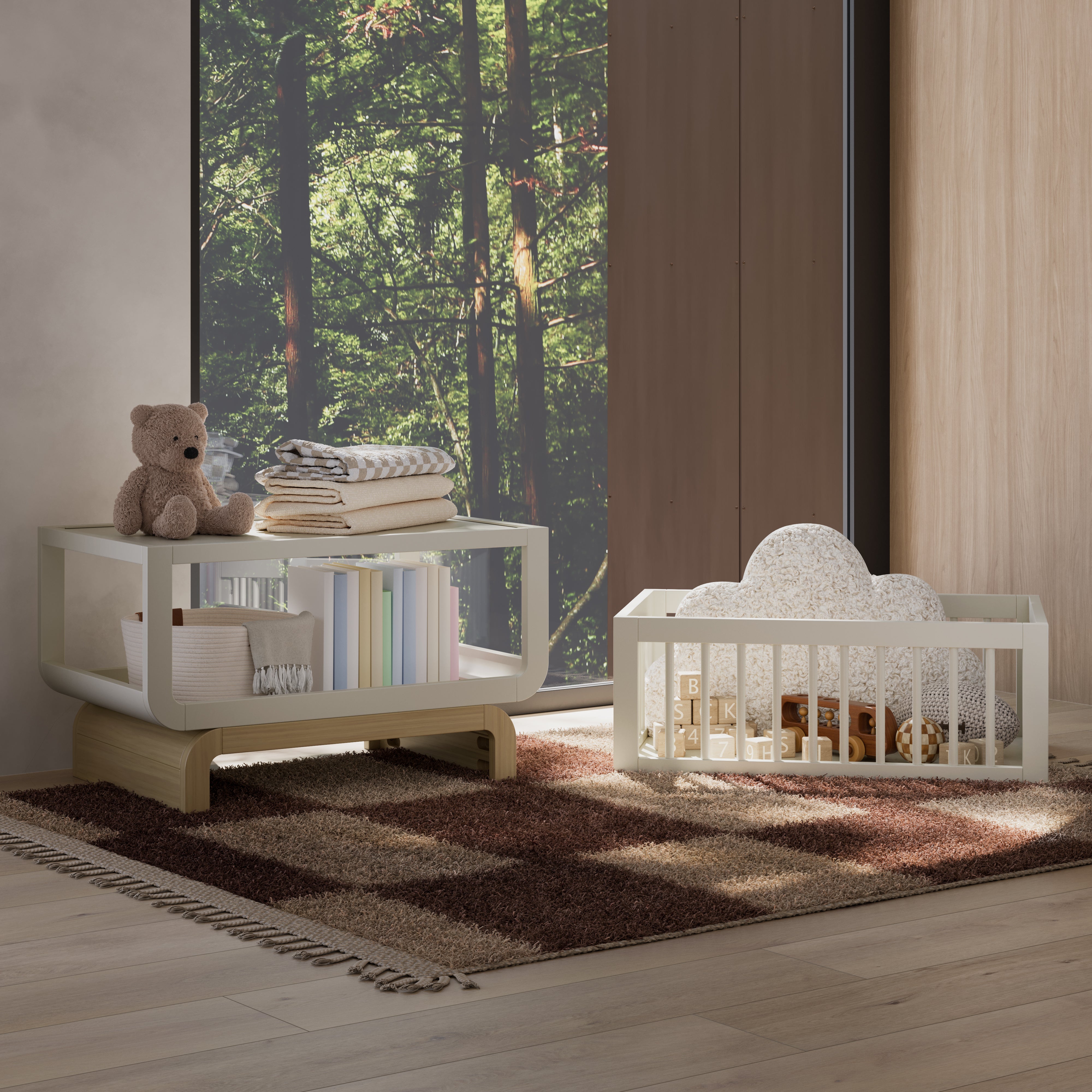 Santorini frosted oat with driftwood bassinet in nursery converted to toybox and bookshelf