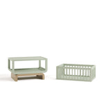 Santorini sage with driftwood bassinet converted to toybox and bookshelf