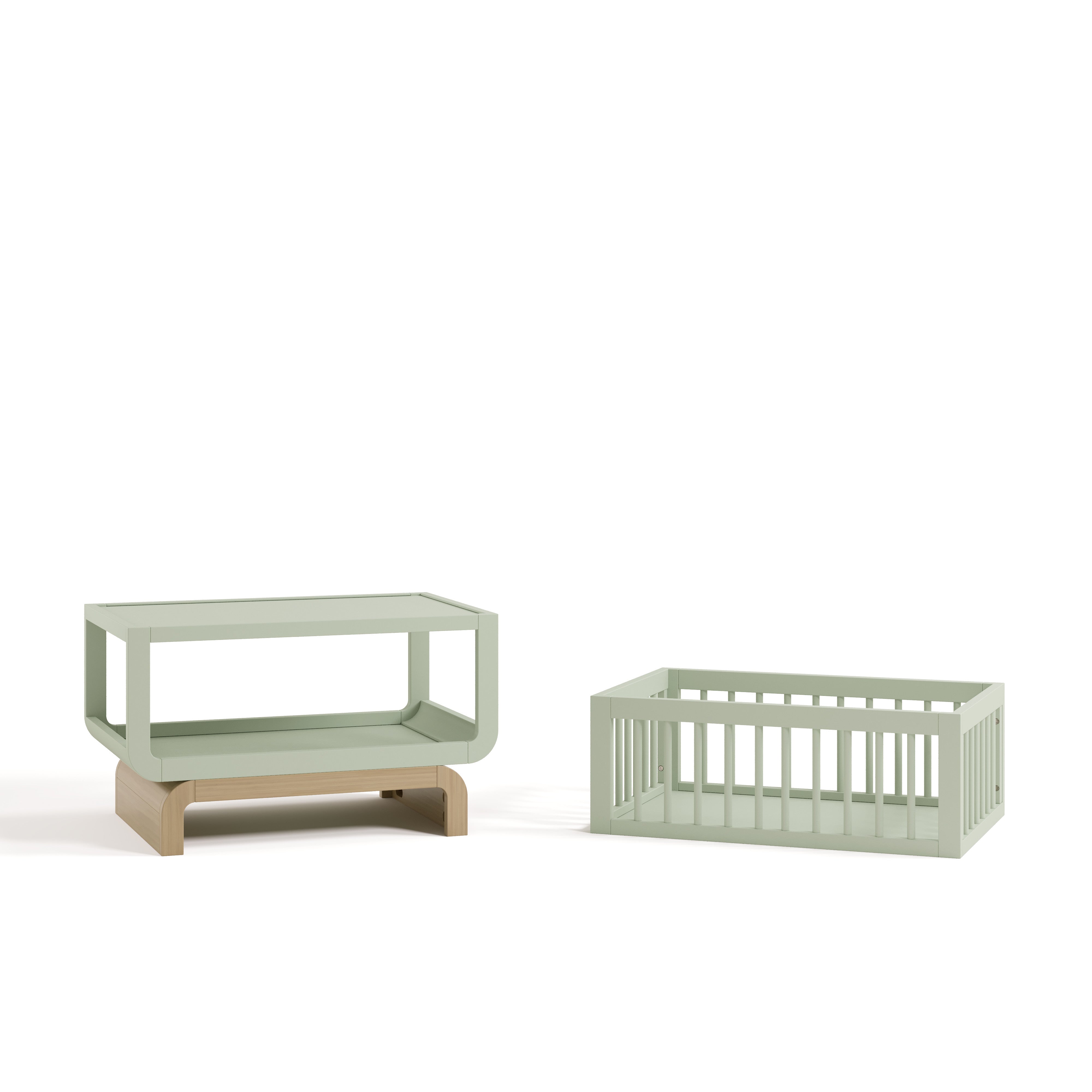 Santorini sage with driftwood bassinet converted to toybox and bookshelf