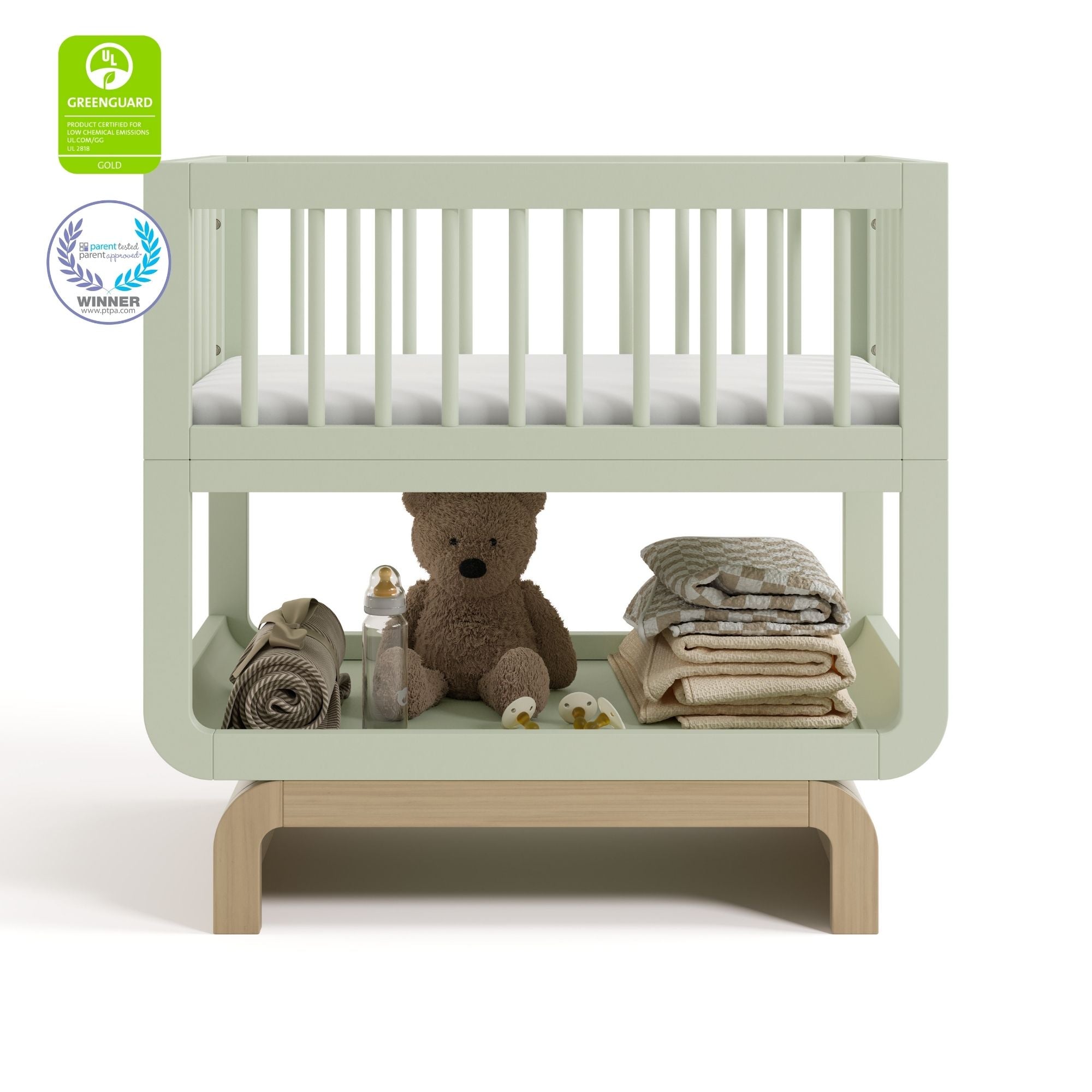 Santorini sage with driftwood bassinet with GGG and PTPA logos on top left