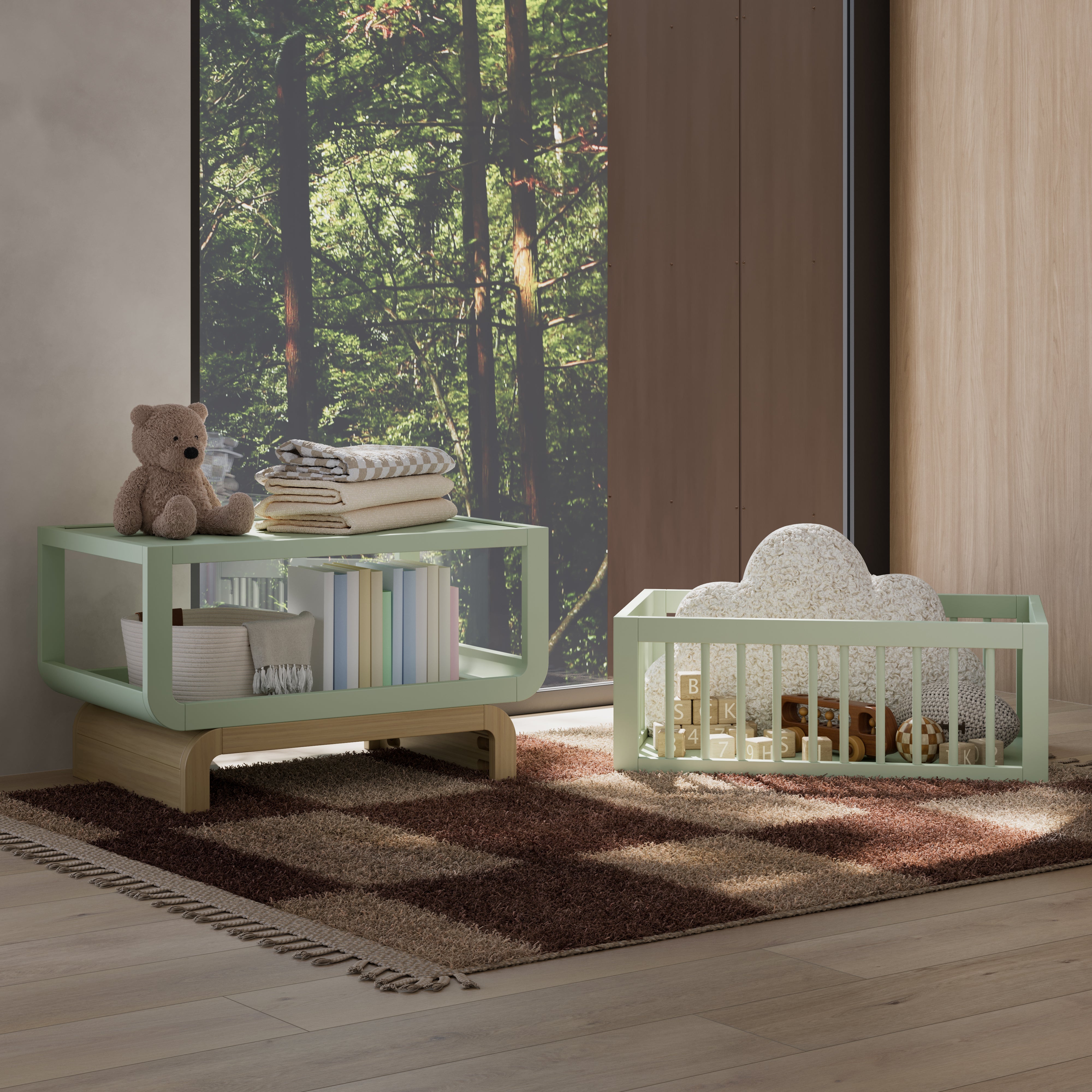 Santorini sage with driftwood bassinet in nursery converted to toybox and bookshelf